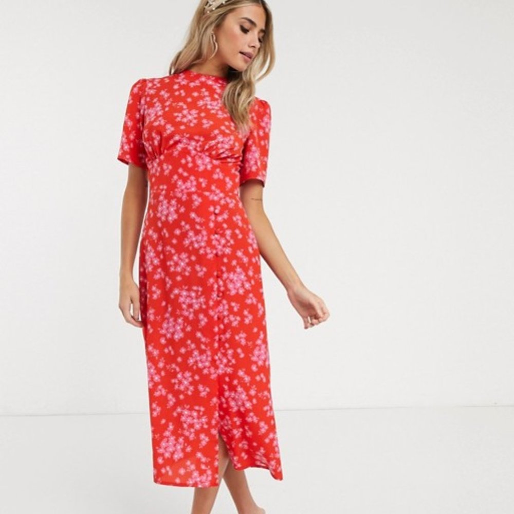 ASOS Red & Pink Puff Sleeve Floral Midi Dress NWT!